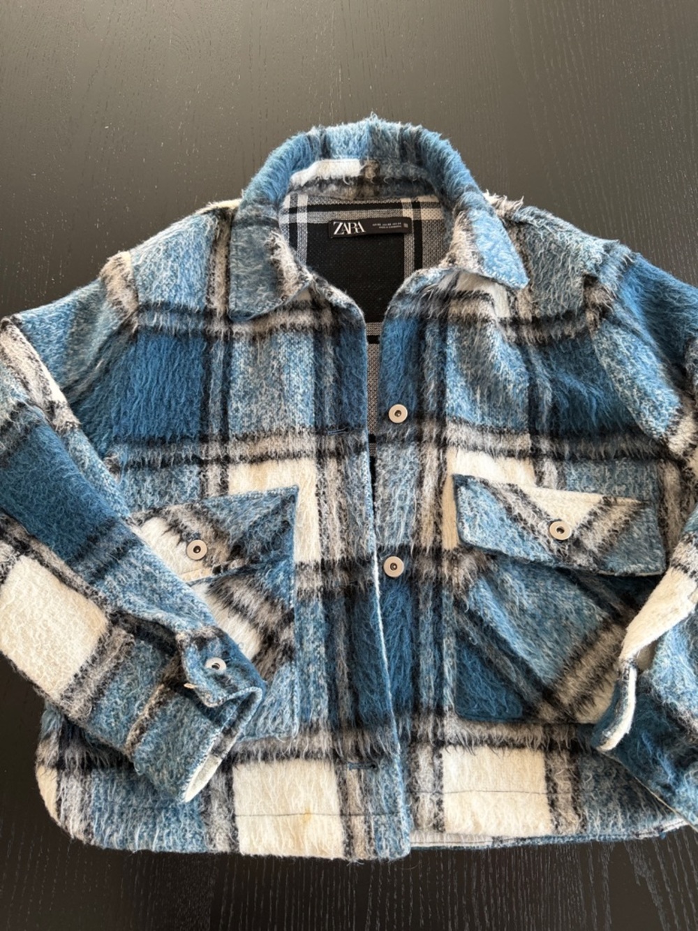 Zara Blue White Plaid Fuzzy Shacket